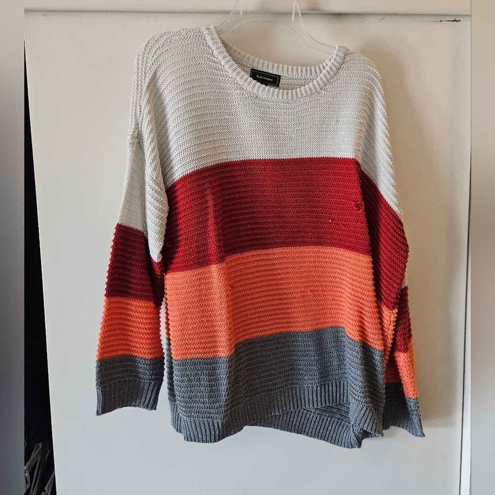Red and Orange Crew Neck Sweater with Ribbed Texture